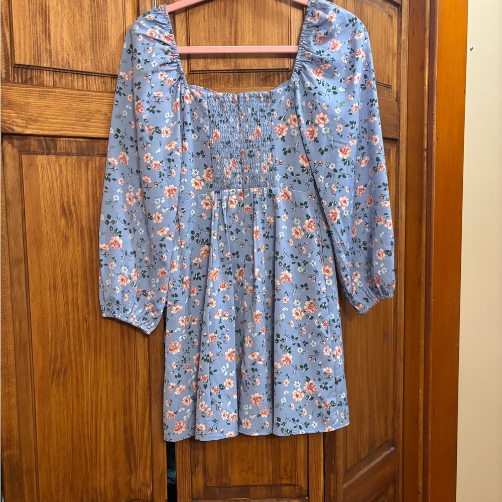 Abercrombie & Fitch Dusty Blue Floral Square Neck Mini Dress - Picture 6 of 6